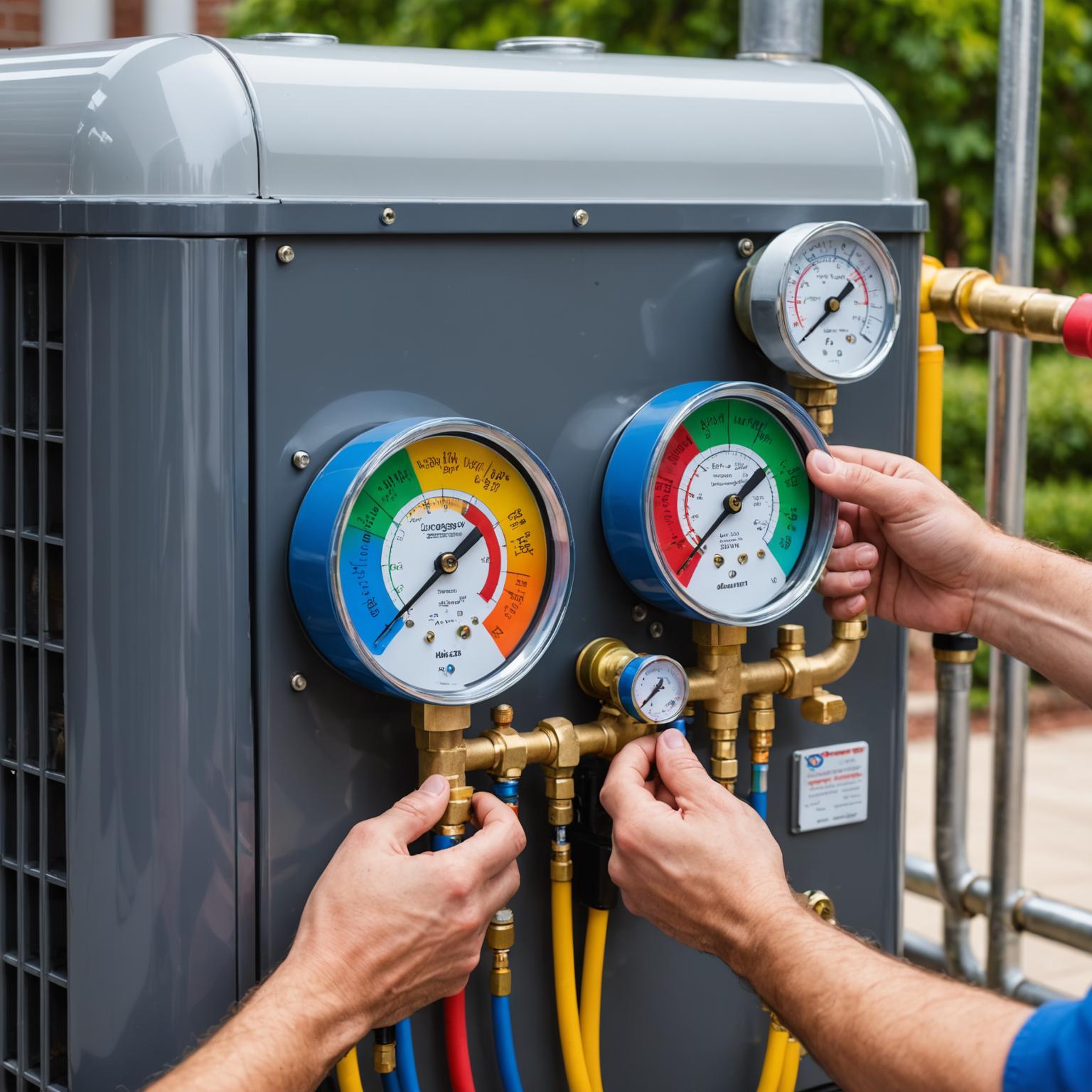 Technician refilling refrigerant gas in an outdoor condenser unit