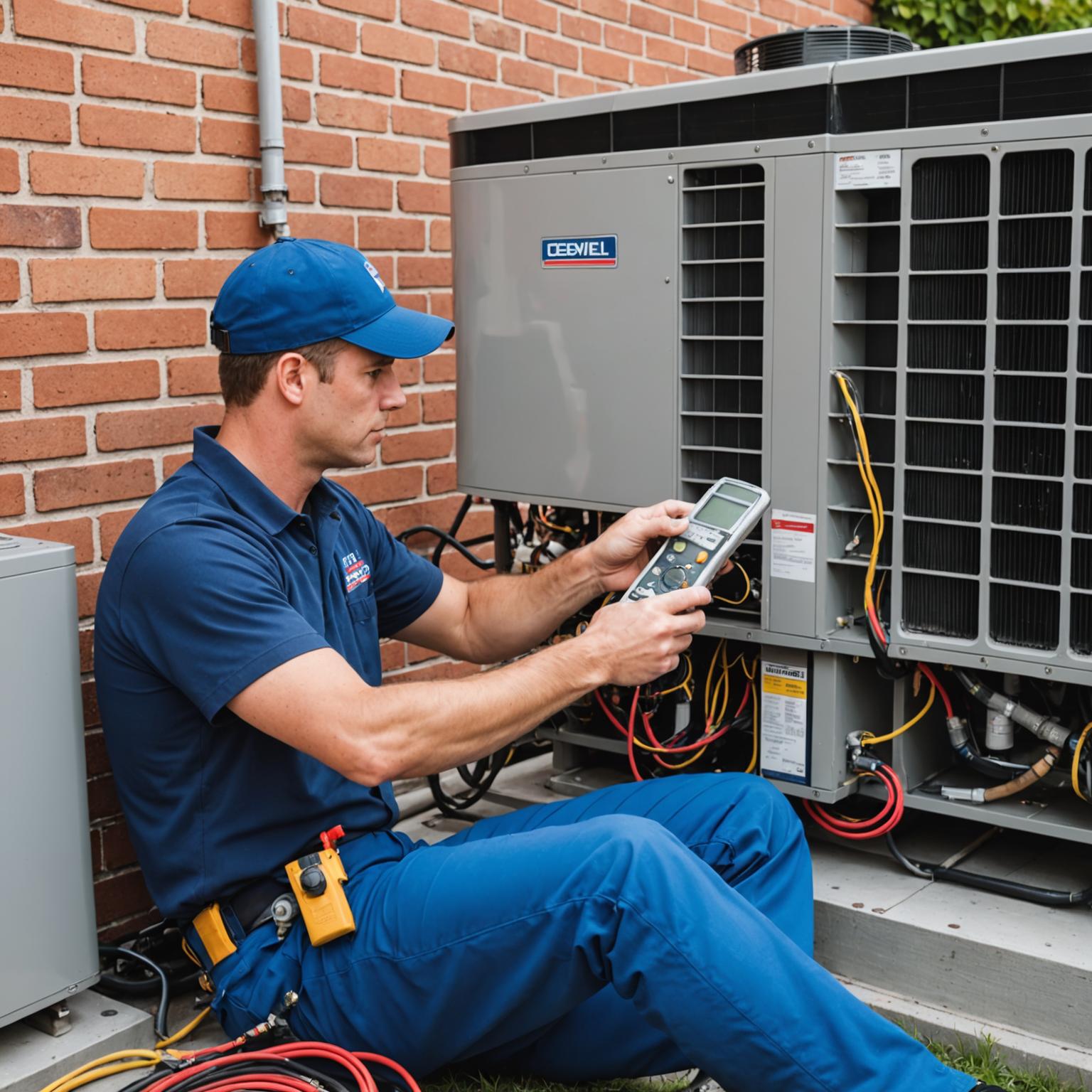 Routine maintenance check on a residential air conditioning system